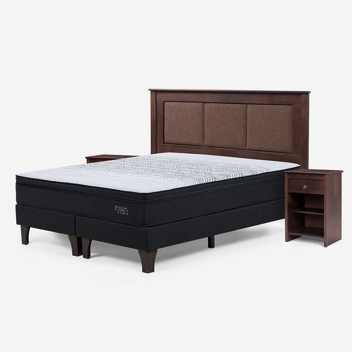 Cama Europea Rosen King Tempo + Respaldo + 2 Veladores Rachel