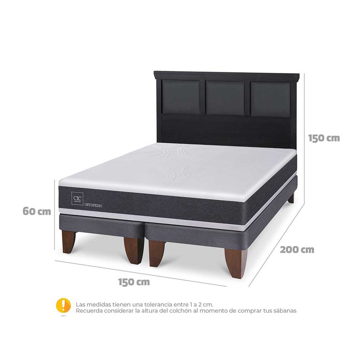 Cama Europea CIC Base Dividida 2 Plazas Ortopedic + Respaldo Torino Negro