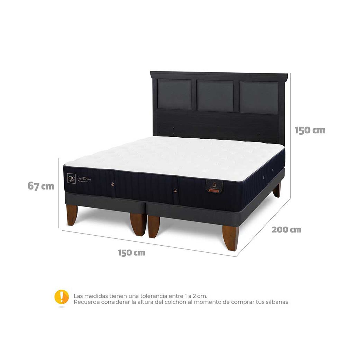 Cama Europea CIC Base Dividida 2 Plazas Premium + Respaldo Torino Negro
