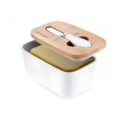 Set Mantequillero Cerámica Tapa Bamboo + Cuchillo 600 ml Simplit Blanco