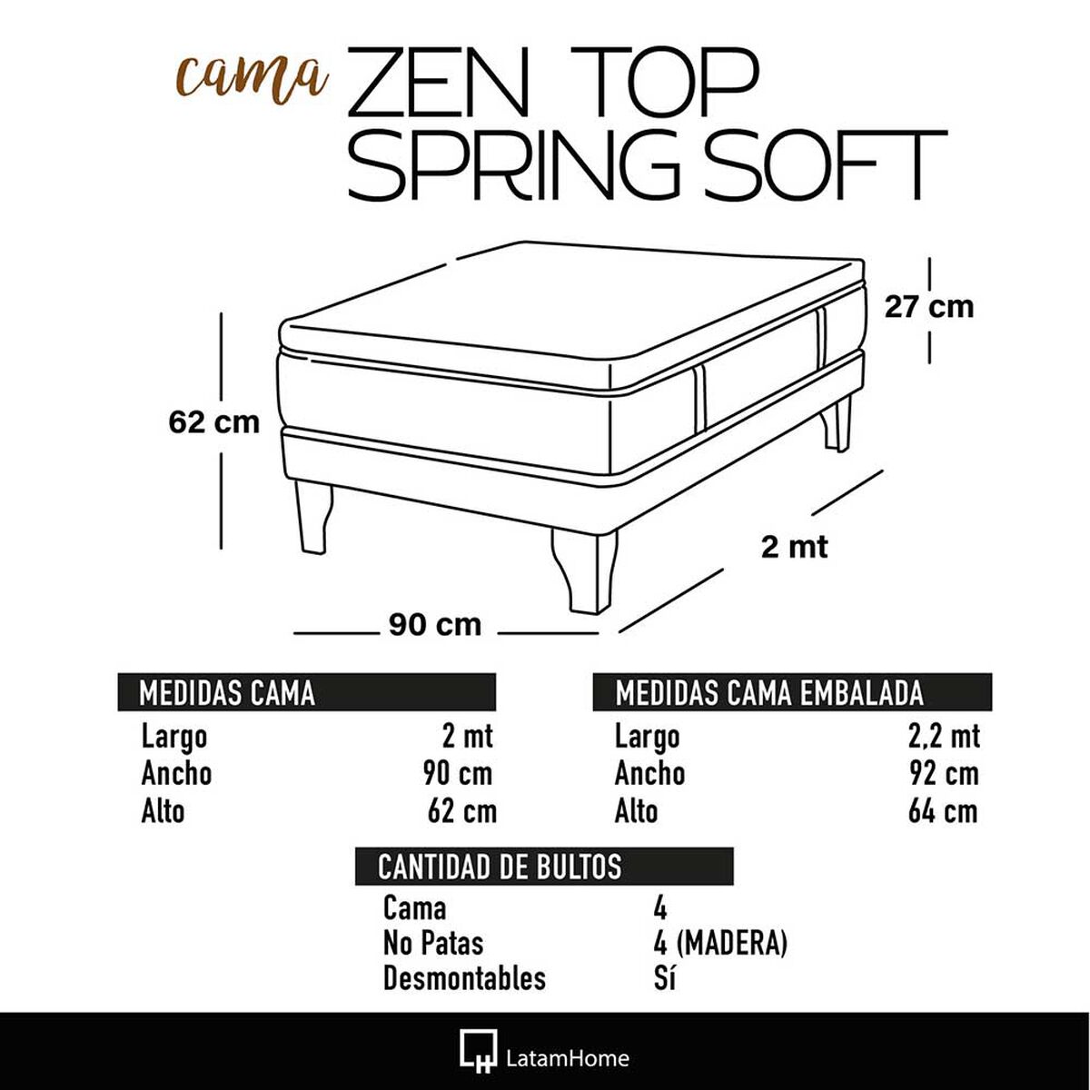 Cama Europea Latam Home 1 Plaza Zen Top Spring Soft Velvet Beige
