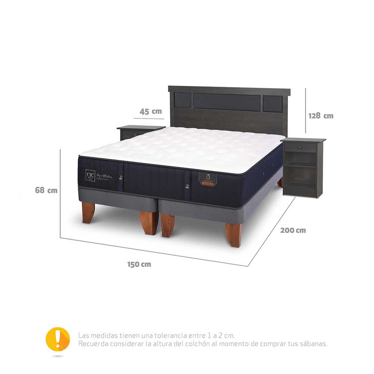 Cama Europea CIC Base Dividida 2 Plazas Premium + Respaldo + 2 Veladores Dublin