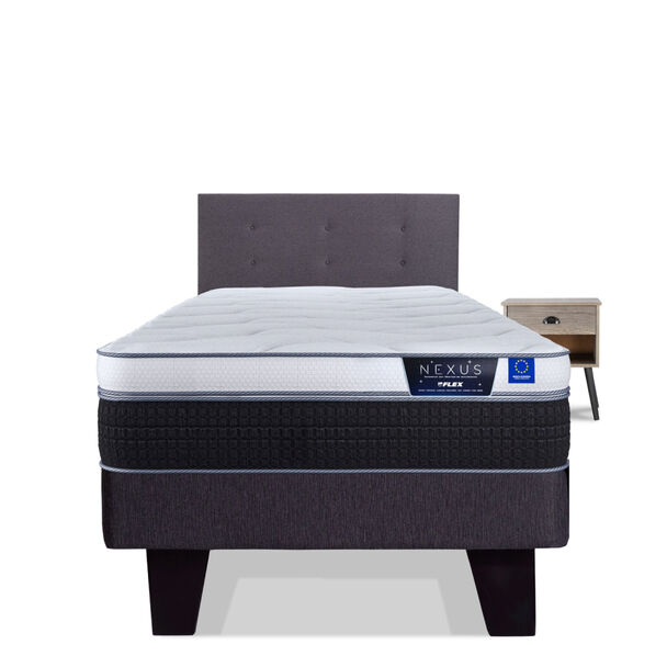 Cama Europea Flex 1,5 Plazas Nexus + Respaldo Royal Grafito + Velador Rock