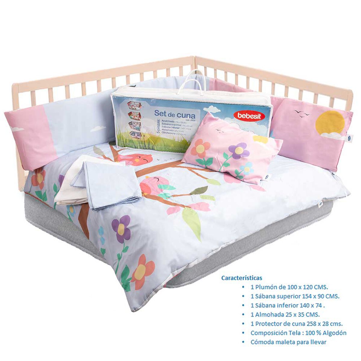 Set Cuna 5 Piezas Pajarito Rosado Bebesit