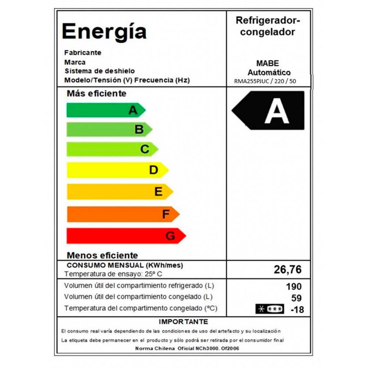 Refrigerador No Frost Mabe RMA255PJUC 249 lts.