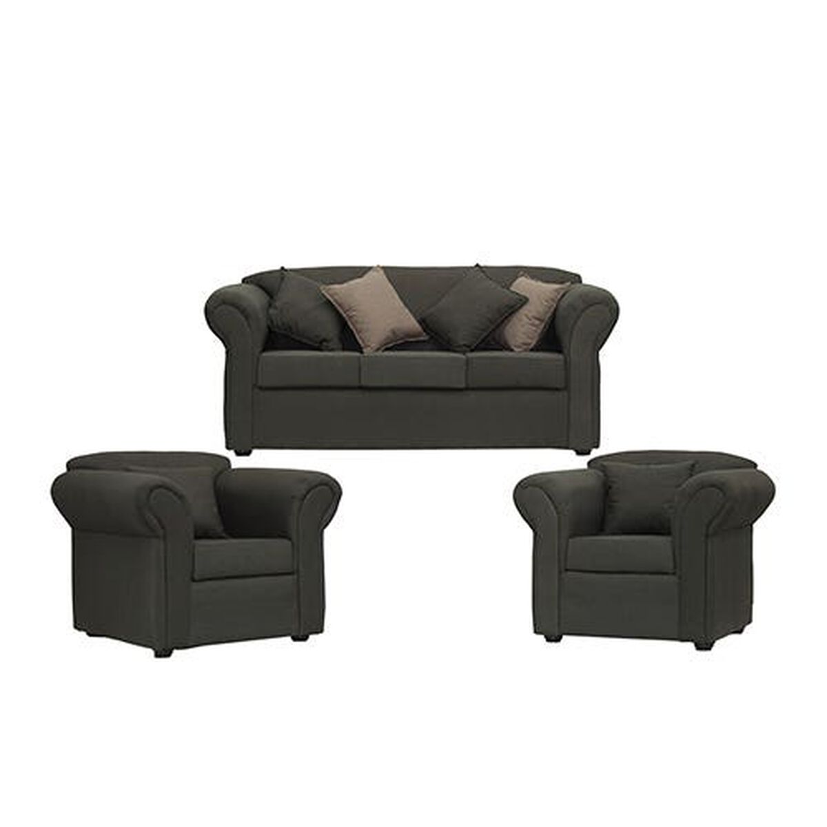 Juego de Living Essenza Amparo Sofá 3 Cuerpos + Dos Sillones 1 Cuerpo Gris Oscuro