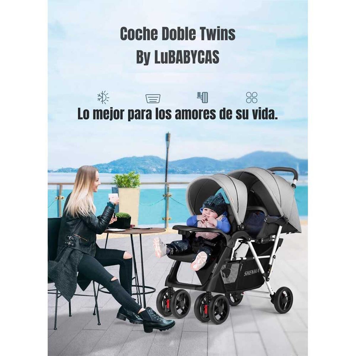 Coche Doble Duo Reclinable Plegable Gris By LuBabycas