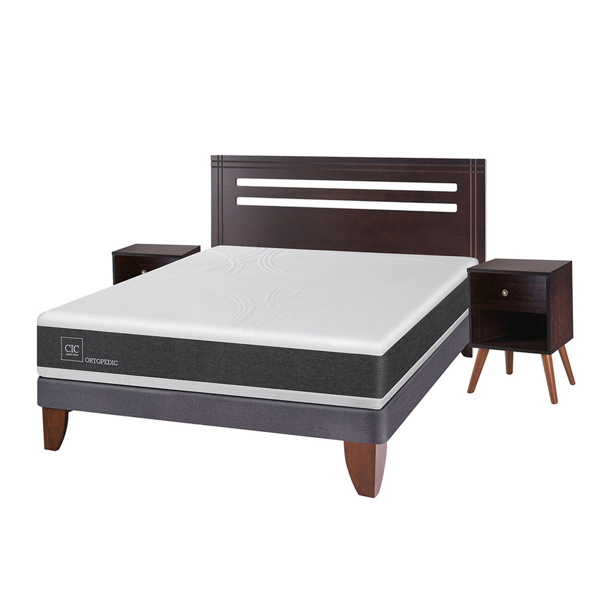 Cama Europea CIC 2 Plazas Ortopedic + Respaldo + 2 Veladores New Munich