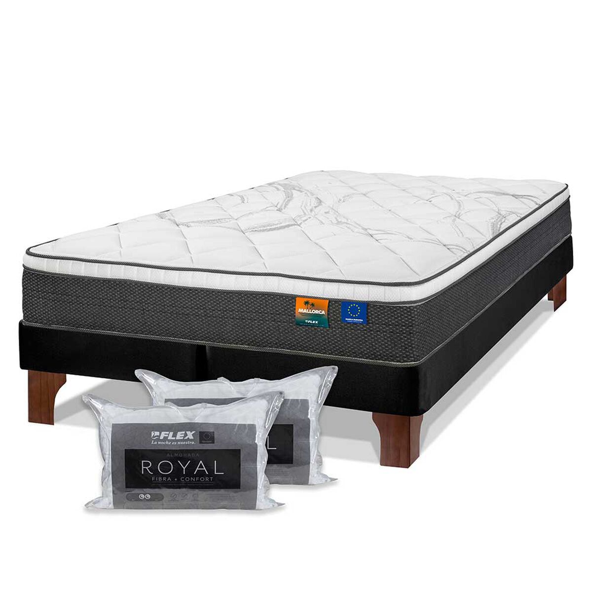 Cama Europea Flex Base Dividida 2 Plazas Mallorca + Pack Almohadas Royal