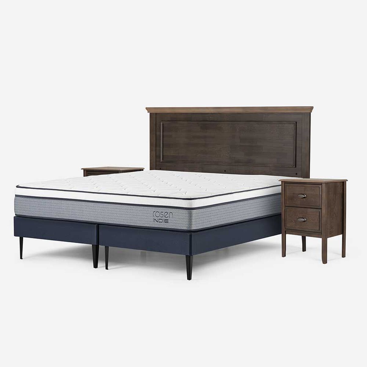 Cama Europea Rosen Base Dividida King Indie + Respaldo + 2 Veladores Anna