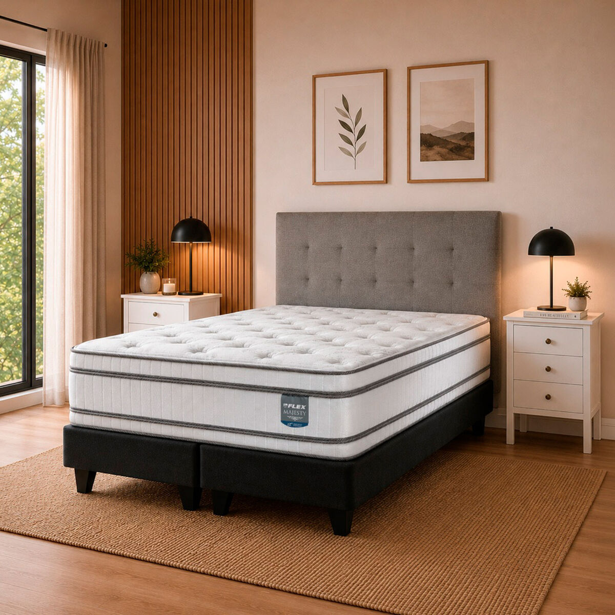 Cama Europea Flex 2 Plazas Majesty + 1 Respaldo + 2 Veladores
