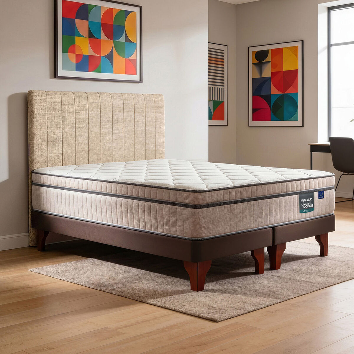 Cama Europea Flex Base Dividida 2 Plazas M&aacute;ximo Cobre  + Respaldo Tubular Beige