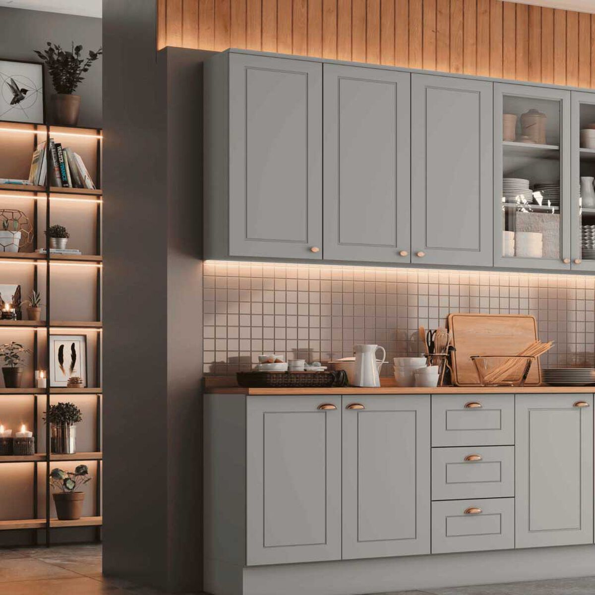 Combo Cocina Mueble A&eacute;reo + Base Home Mobili Americana 120 cm Gris