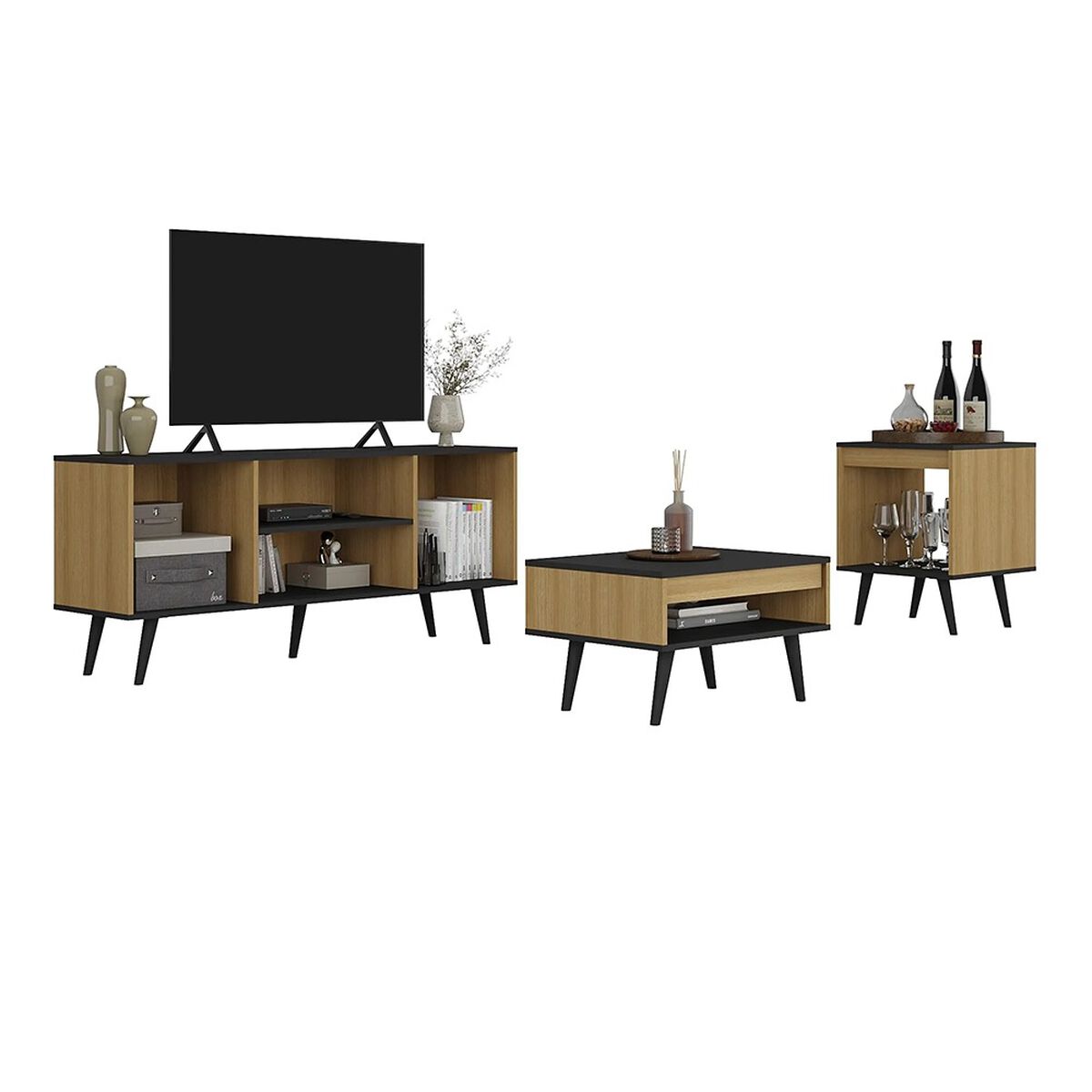 Combo Mons Rack TV +  Mesa de Centro + Mesa Lateral Lamina Mel/Preto