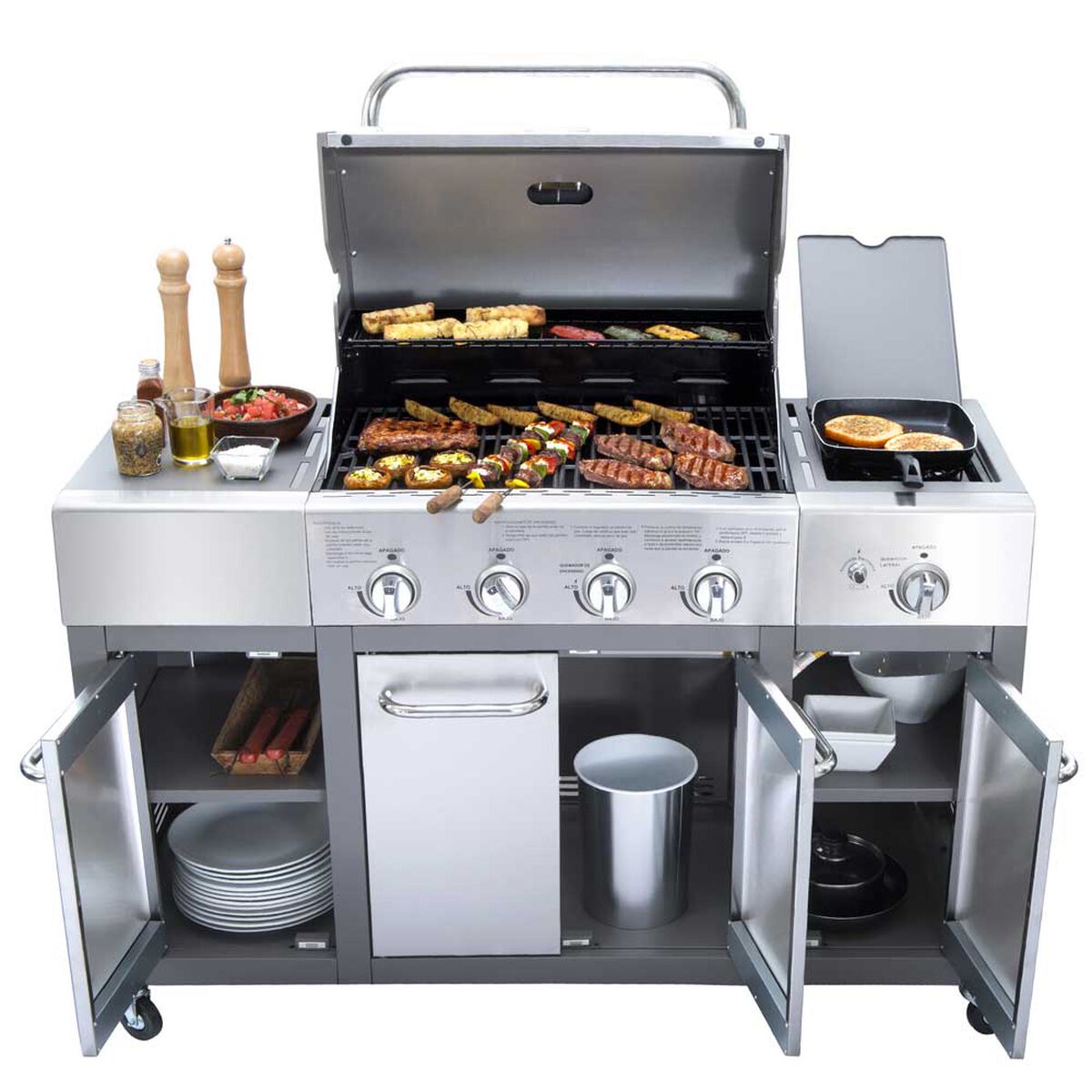 Parrilla a Gas Encendido Electrónico BBQ Grill Buffalo Acero Inoxidable 4 Quemadores Centrales + 1 Lateral