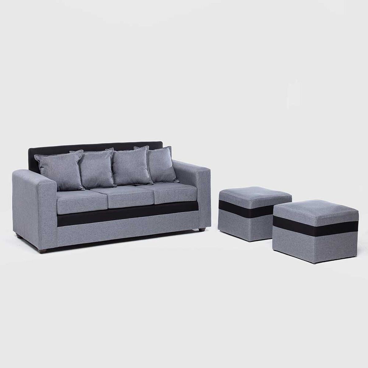 Juego de Living Paris Sofá 3 Cuerpos + Dos Pouf 1 Cuerpo Gris Negro