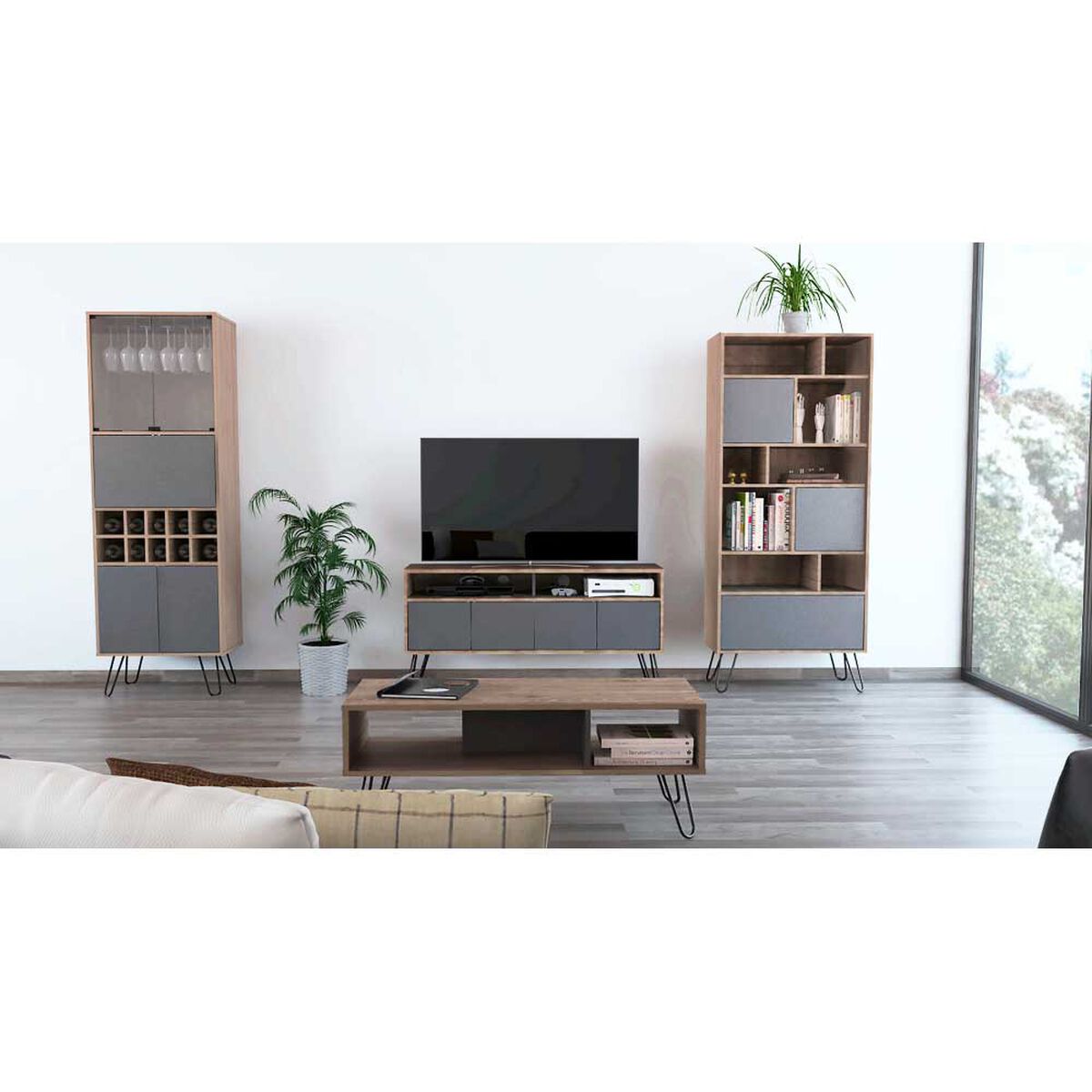 Combo Rack TV 55" + Biblioteca + Bar Alto + Mesa Centro Vassel Miel Plomo Tuhome