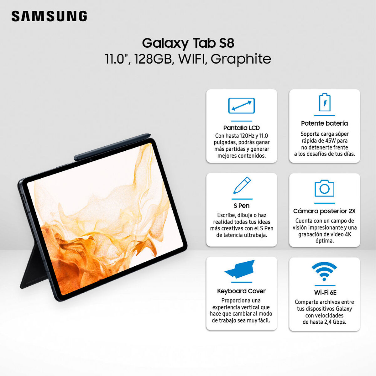 Tablet Samsung Galaxy TAB S8 SM-X700 Octa Core 8GB 128GB 11" Graphite + S-Pen + Keyboard Cover