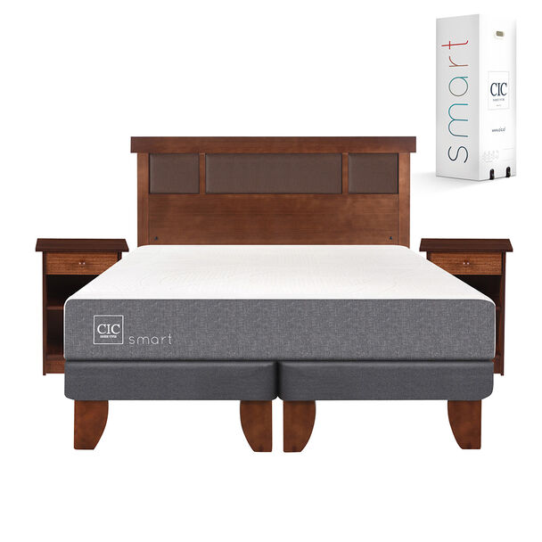 Cama Europea CIC Base Dividida 2 Plazas Smart + Respaldo + 2 Veladores Dublin Caramelo