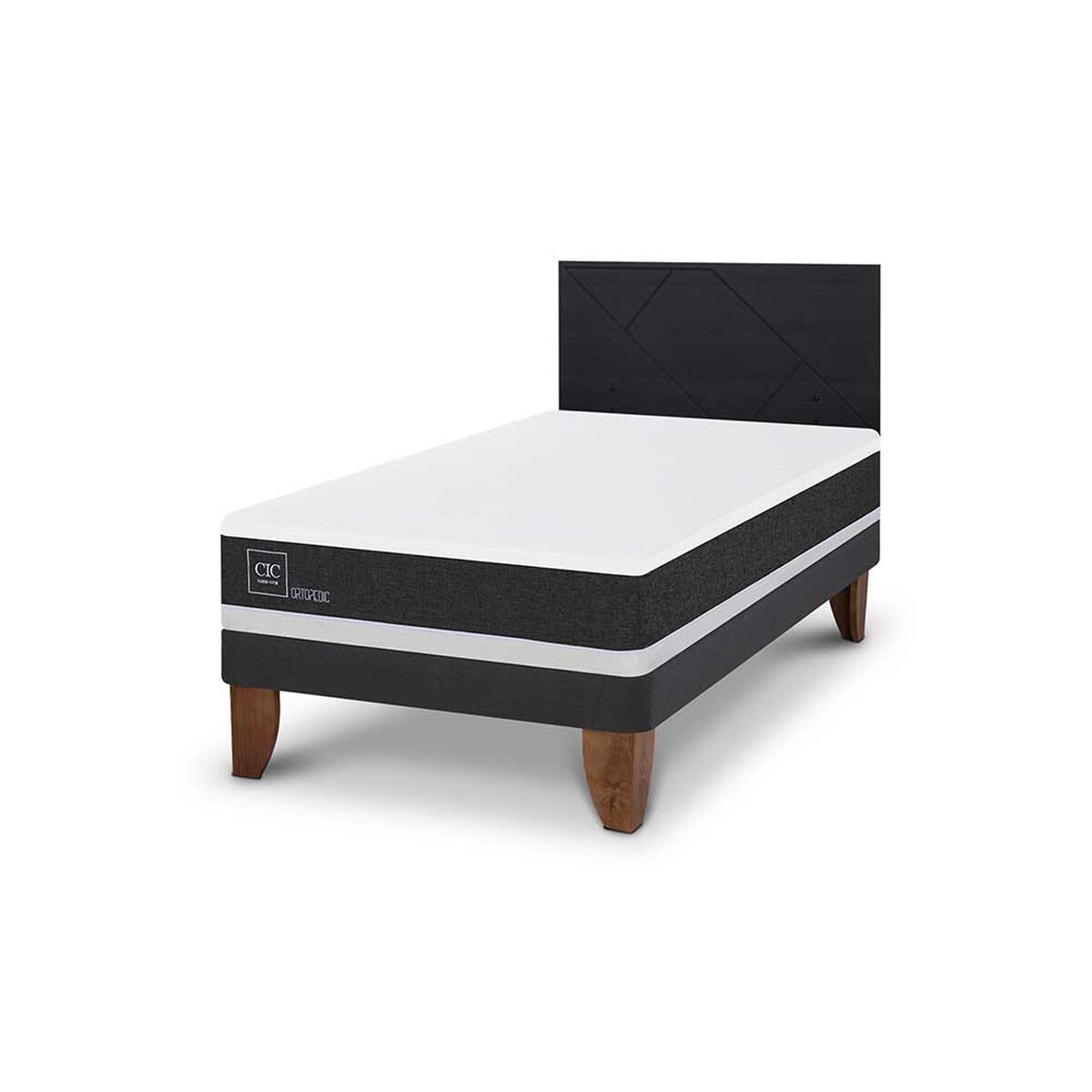 Cama Europea CIC 1,5 Plazas Ortopedic  + Respaldo Villarrica Negro