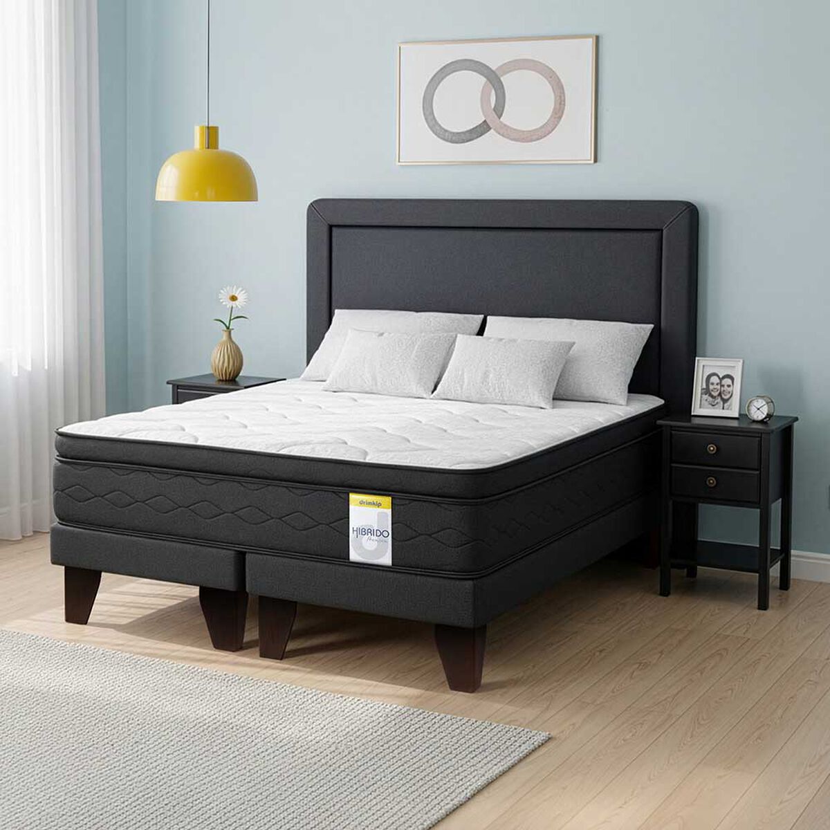 Cama Europea Drimkip 2 Plazas Hibrido Premium + Respaldo + 2 Veladores