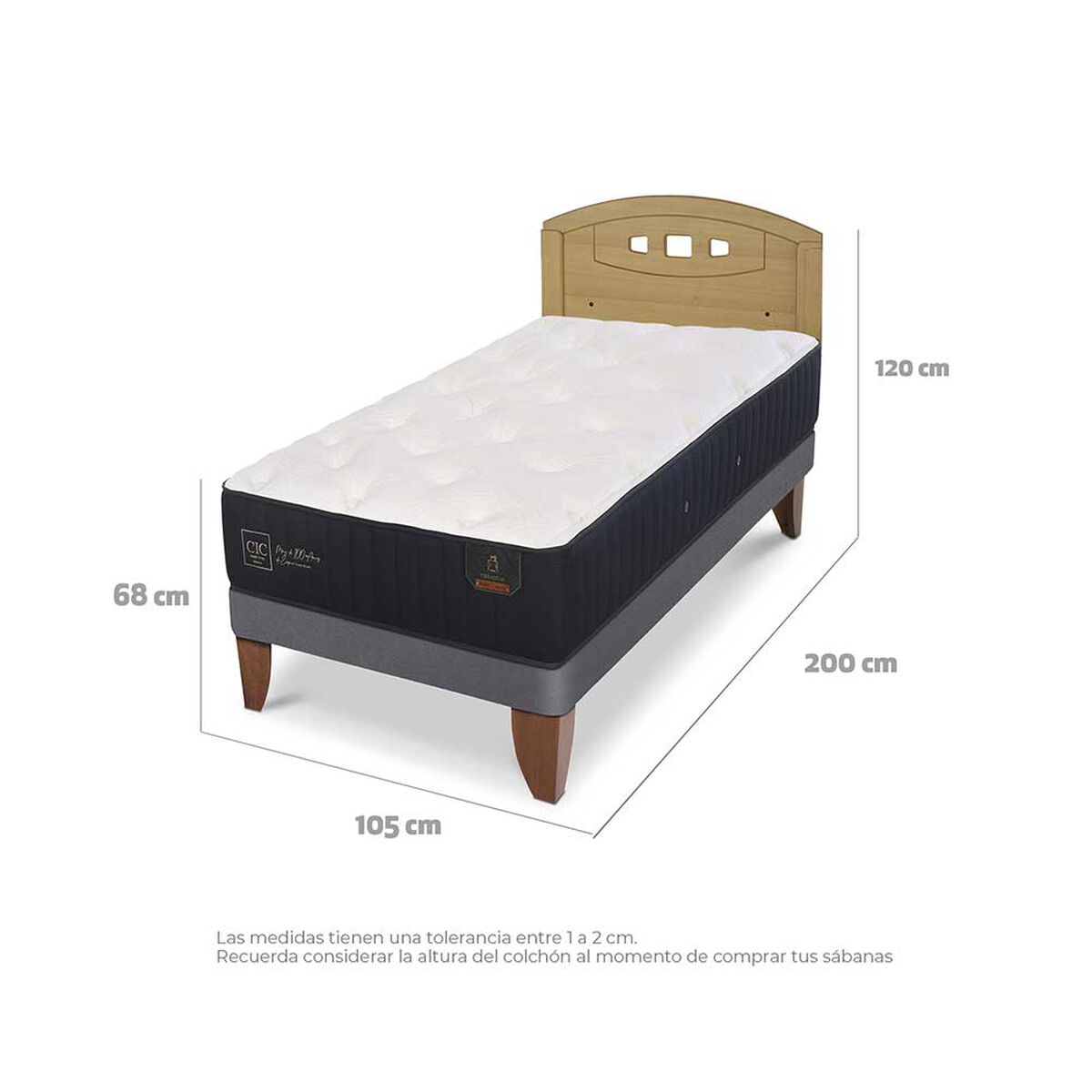 Cama Europea CIC 1,5 Plazas Premium + Respaldo Gales Mostaza
