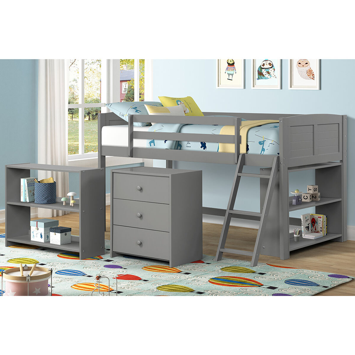 Cama Alta Casanova 1 Plaza Espresso Filadelphia + Cajonera + 2 Repiseros Gris