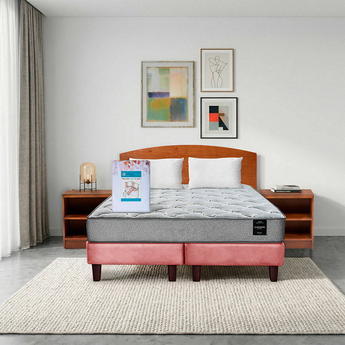 Combo Cama Europea Latam Home 2 Plazas Cannon BD Tela Palo Rosa + Textil + Respaldo + 2 Veladores Atlas