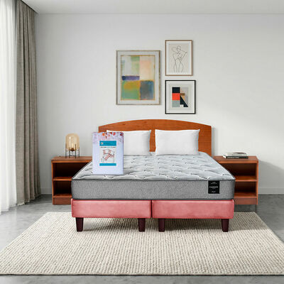 Combo Cama Europea Latam Home 2 Plazas Cannon BD Tela Palo Rosa + Textil + Respaldo + 2 Veladores Atlas