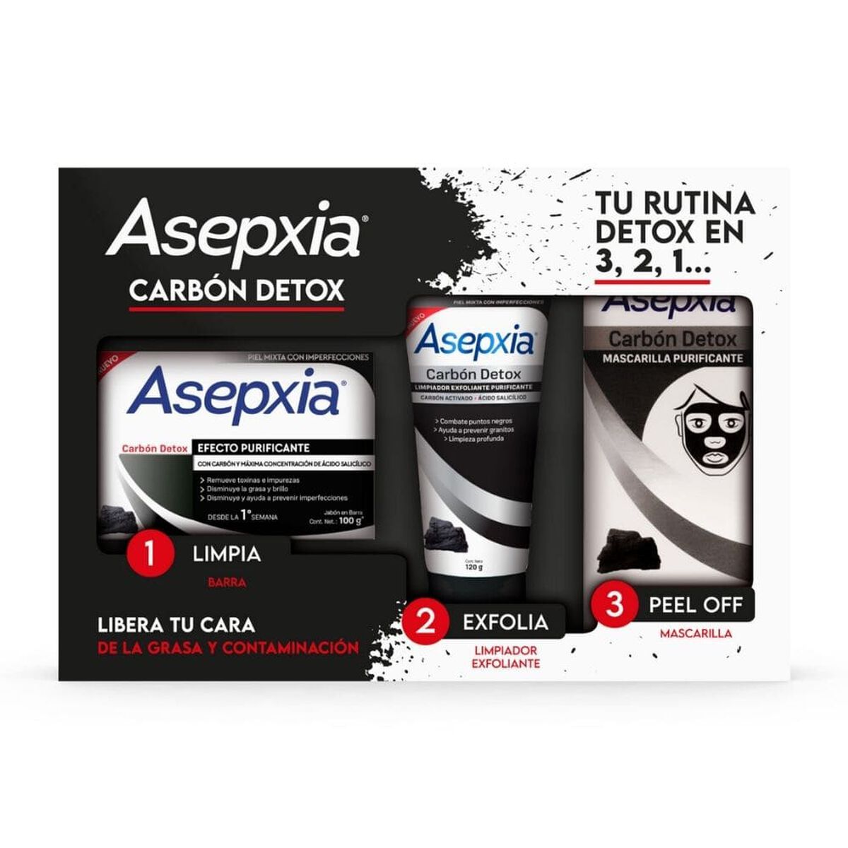 Pack 1 Limpiador Exfoliante + 1 Jabón Carbón + 1 Mascarilla Asepxia