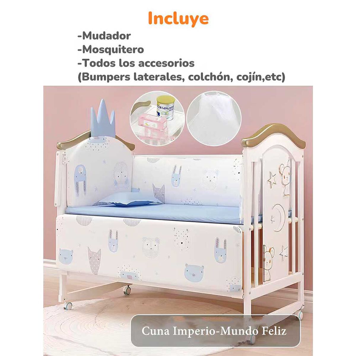 Cuna Colecho Madera con Mudador Mosquitero Lubabycas Azul