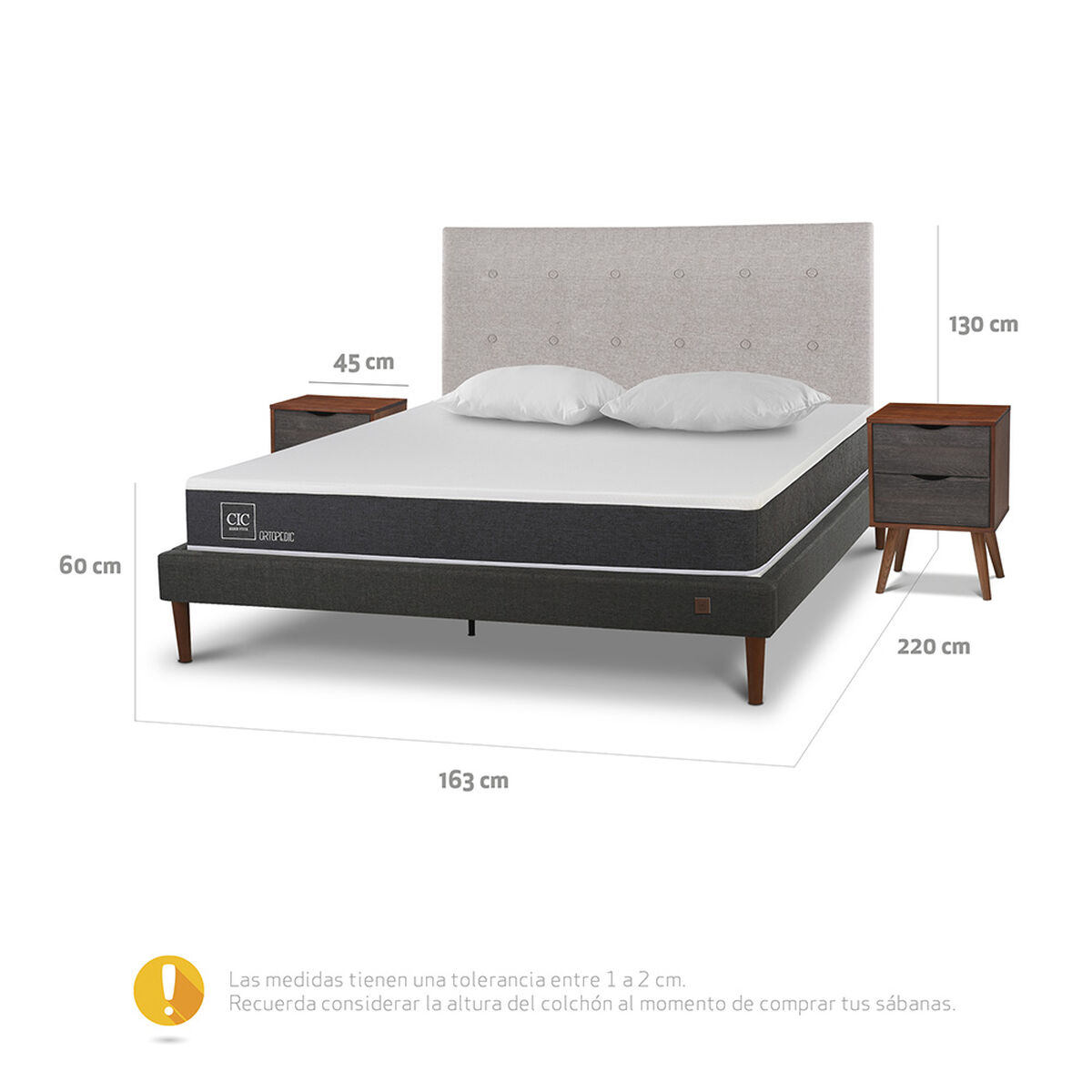Cama Europea CIC 2 Plazas New Ortopedic + Respaldo Tigris + 2 Veladores + Almohadas Viscoel&aacute;sticas