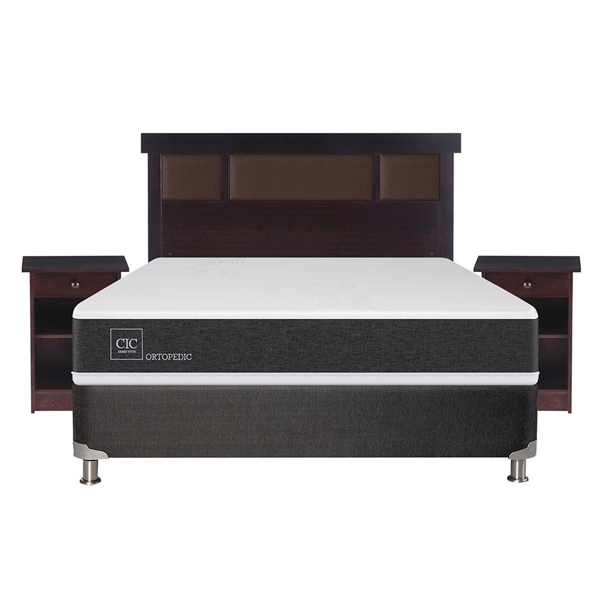 Box Spring CIC 2 Plazas New Ortopedic + Respaldo + 2 Veladores New Dublin
