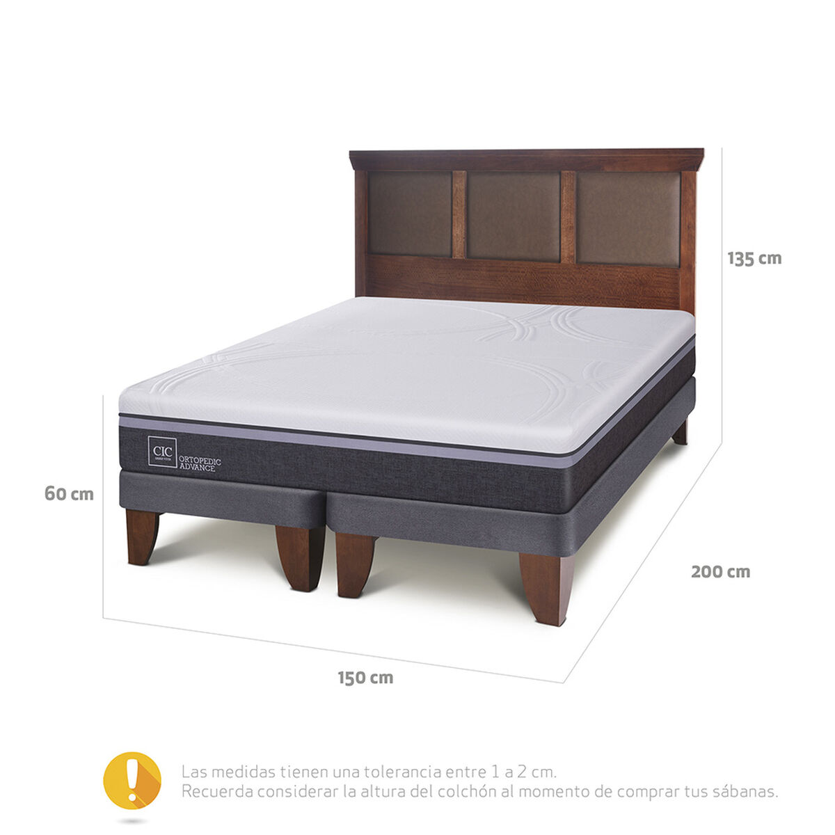 Cama Europea CIC Base Dividida 2 Plazas Ortopedic Advance + Respaldo New Torino Caramelo