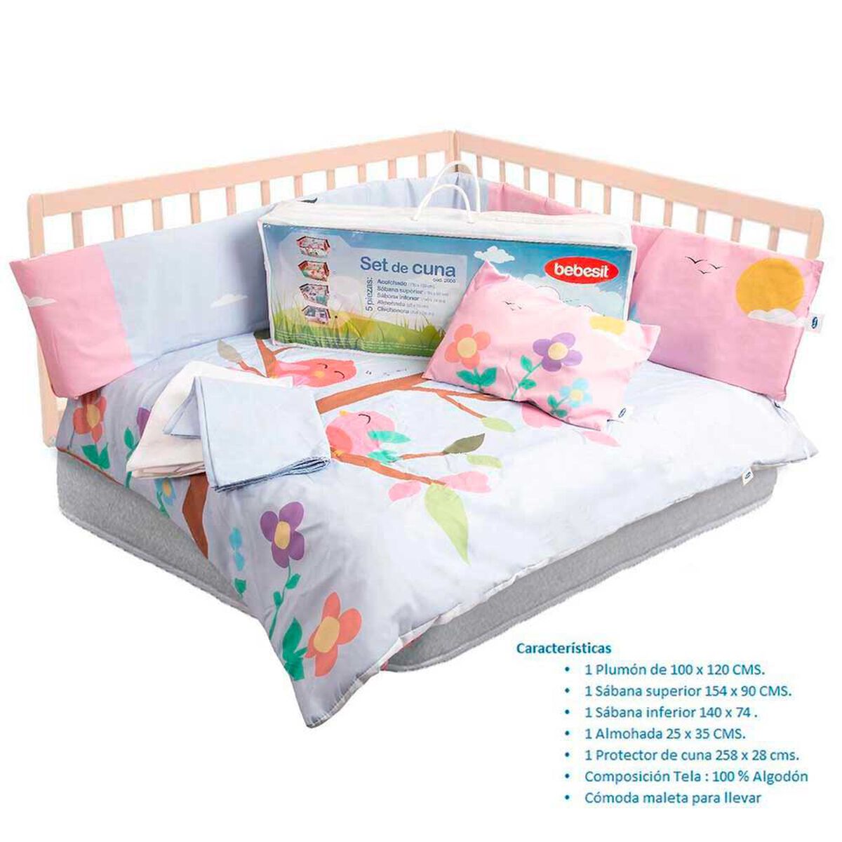 Set Cuna 5 Piezas Pajarito Rosado Bebesit