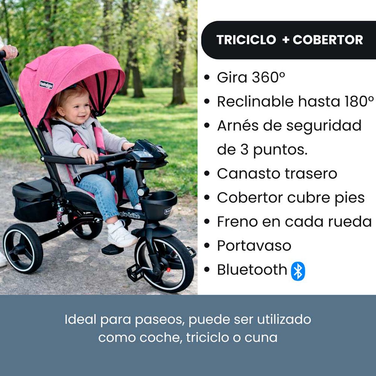Triciclo Coche Cuna Trike Plus 360 Bth RS-4090 Fucsia Bebeglo