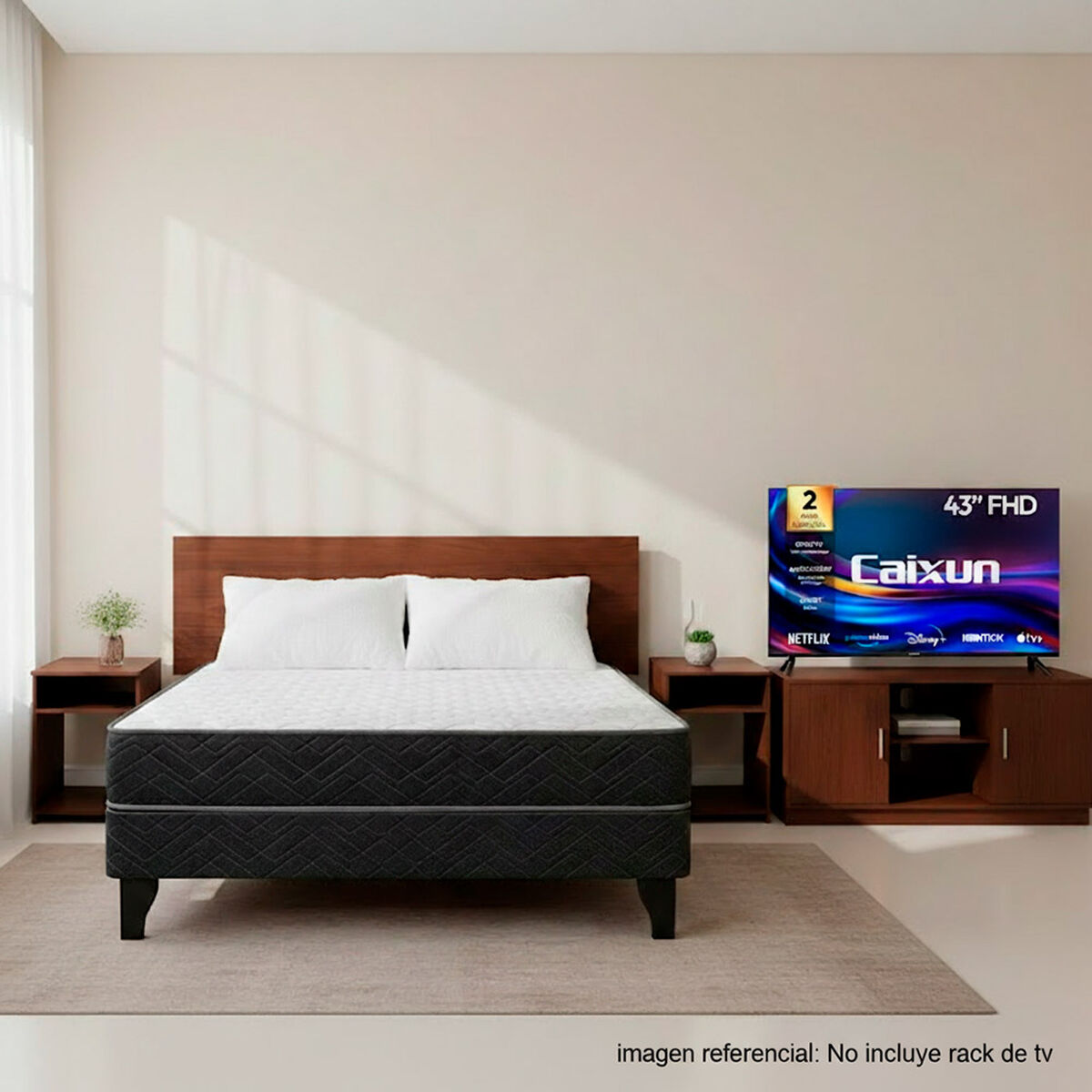 Combo Cama Europea Celta 2 Plazas + Respaldo + 2 Veladores + Pack Almohadas + Smart TV LED 43" Caixun FHD