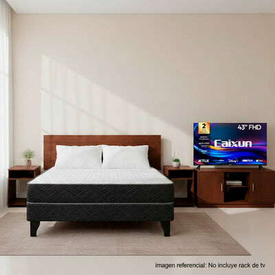 Combo Cama Europea Celta 2 Plazas + Respaldo + 2 Veladores + Pack Almohadas + Smart TV LED 43" Caixun FHD