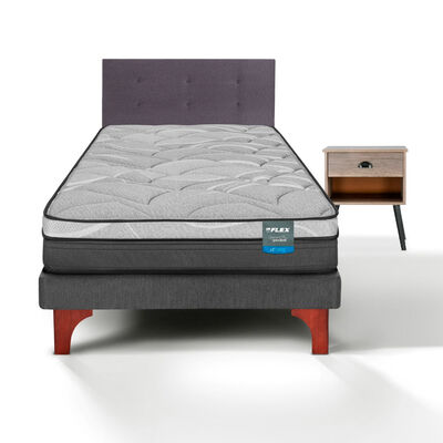 Cama Europea Flex 1,5 Plazas Dream Pocket Box + Respaldo Royal Grafito + Velador Rock