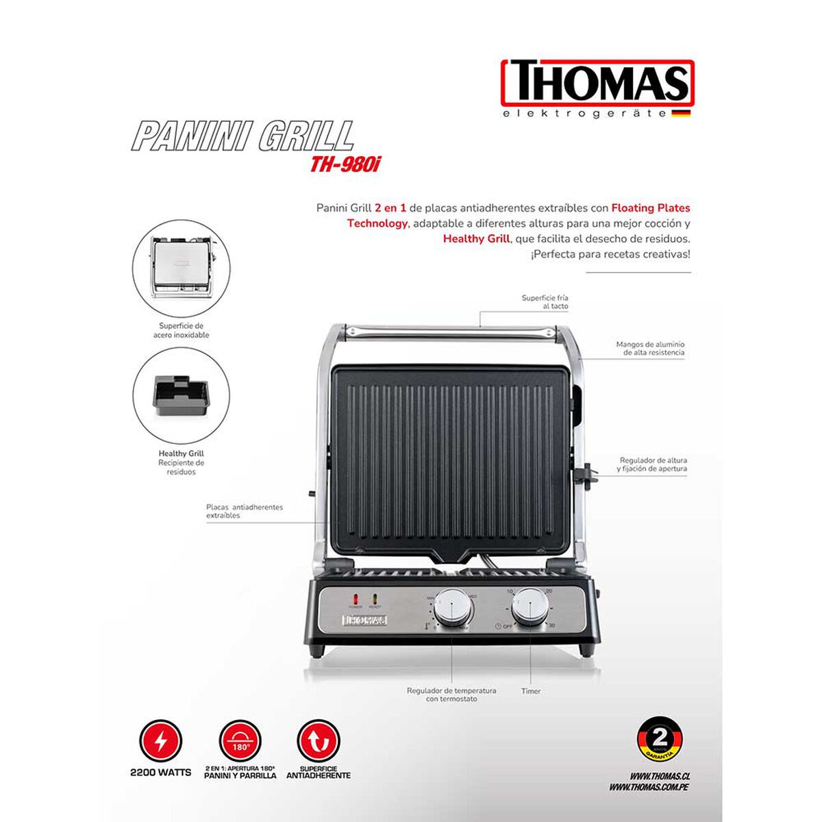 Sandwichera Panini Grill Thomas TH-980I 2 en 1