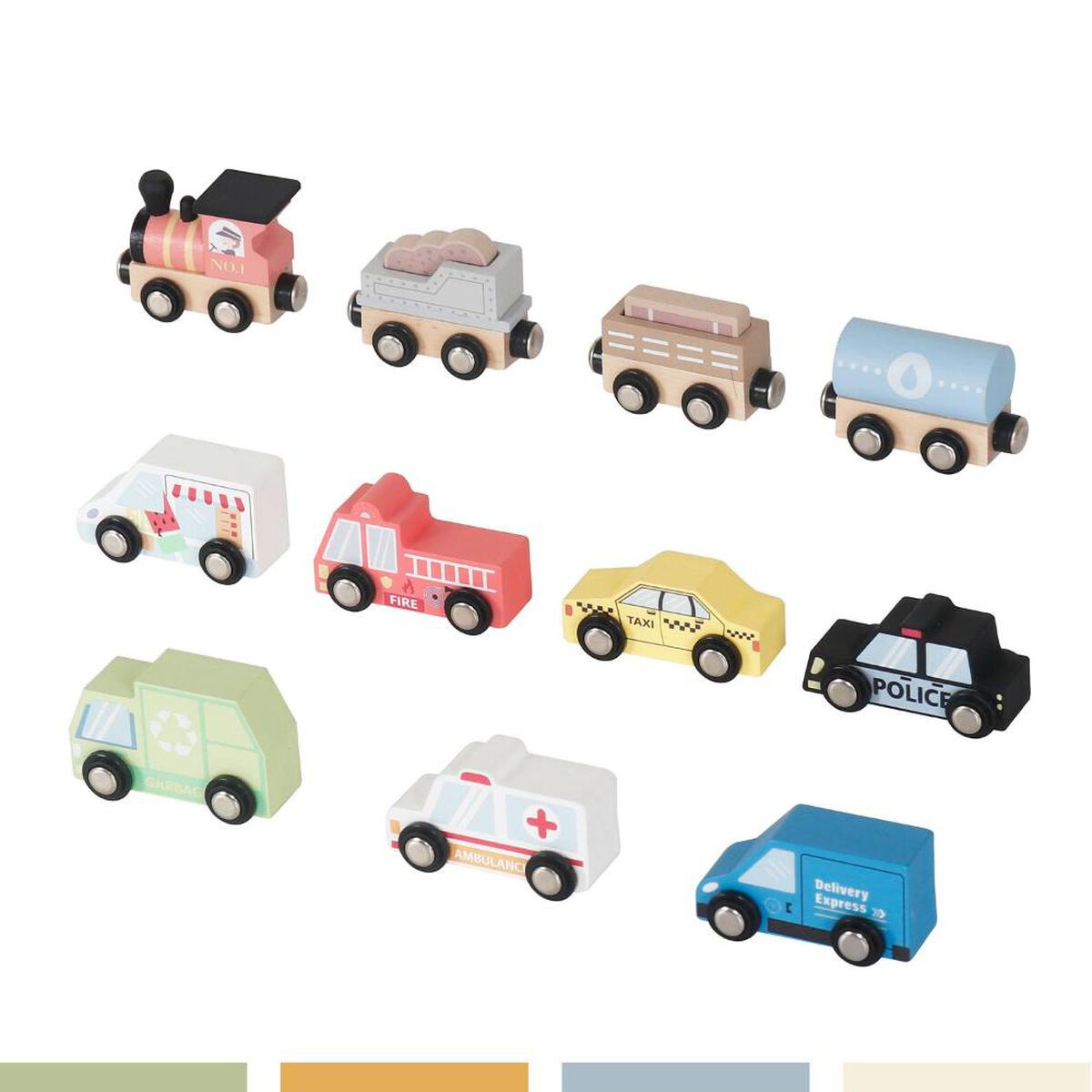 Set Autos de Juguete Tren Pista y Se&ntilde;aleticas Madera Band&uacute;