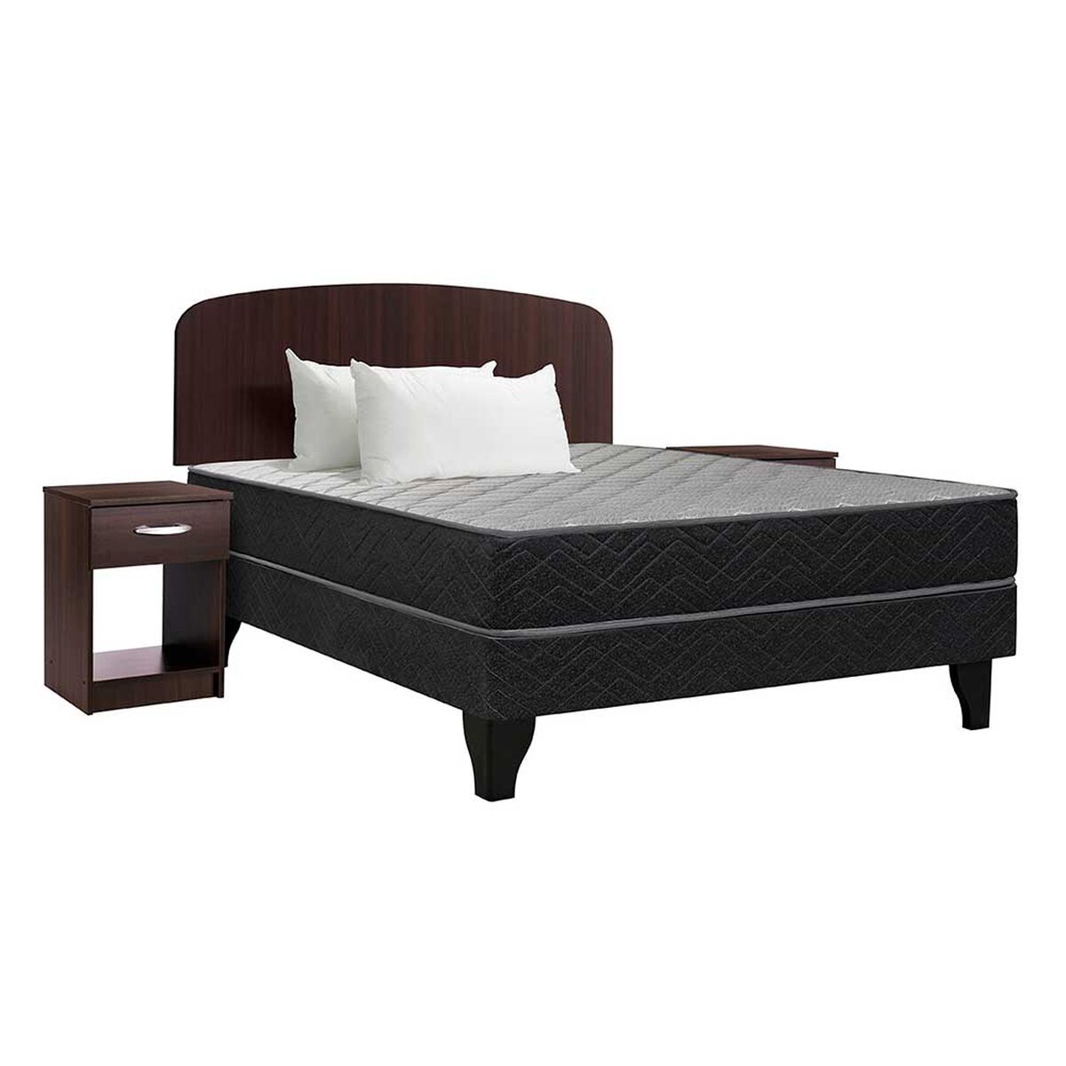 Cama Europea Celta 2 Plazas Atlantis Black + Respaldo + 2 Veladores Asturias + 2 Almohadas