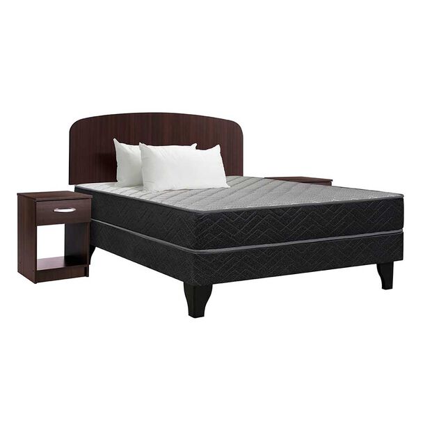 Cama Europea Celta 2 Plazas Atlantis Black + Respaldo + 2 Veladores Asturias + 2 Almohadas