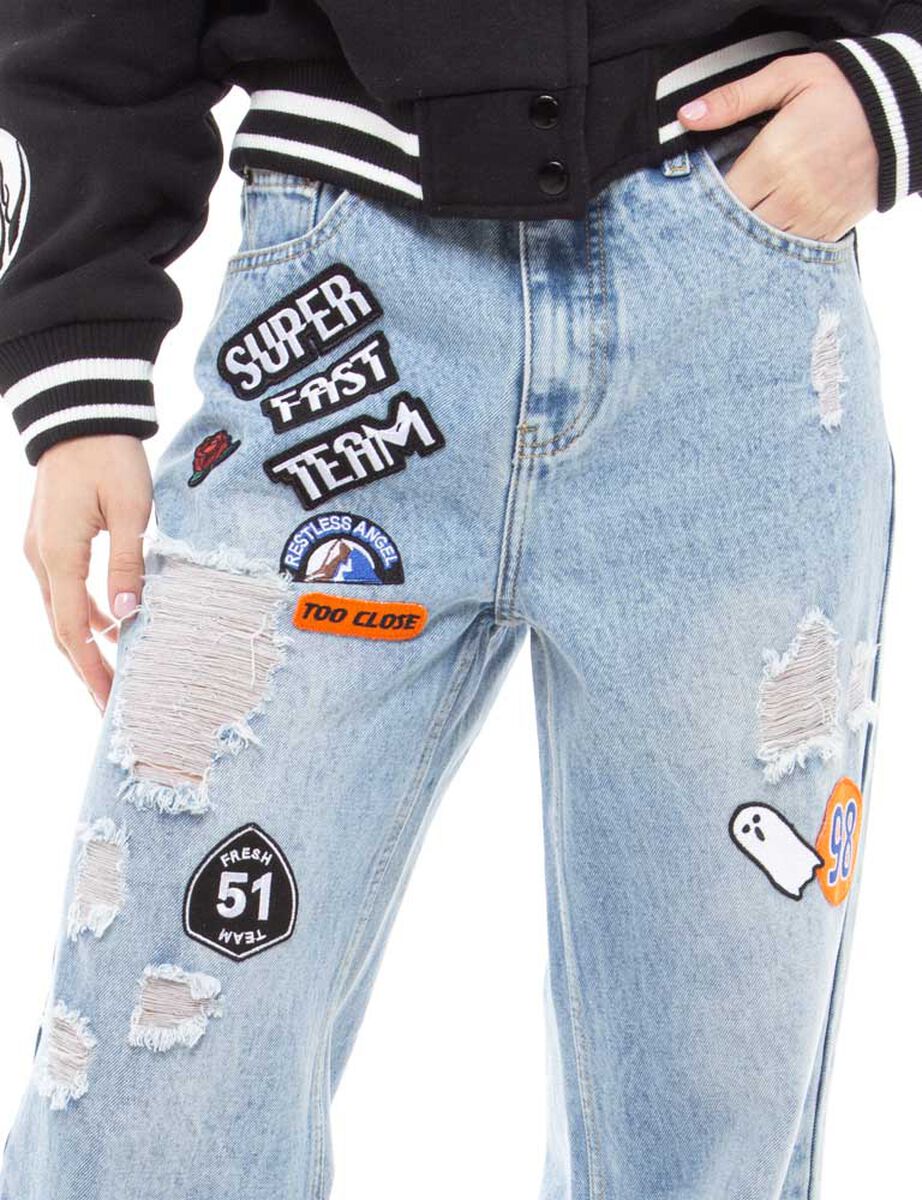 Jeans Con Parches Recto Mujer Icono