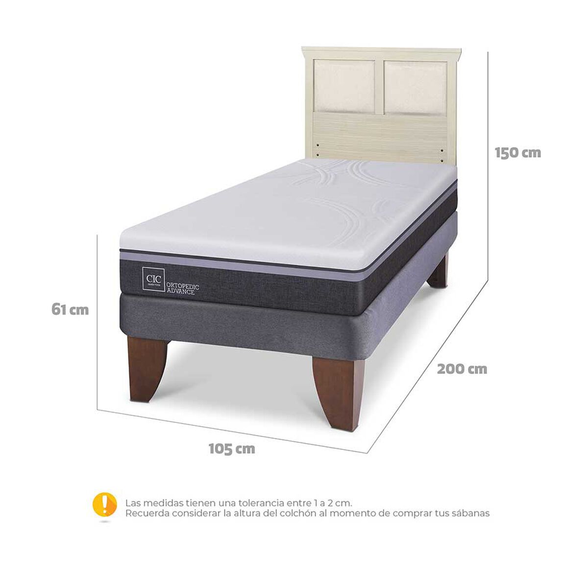 Cama Europea CIC 1,5 Plazas Ortopedic Advance + Respaldo Torino Alpino