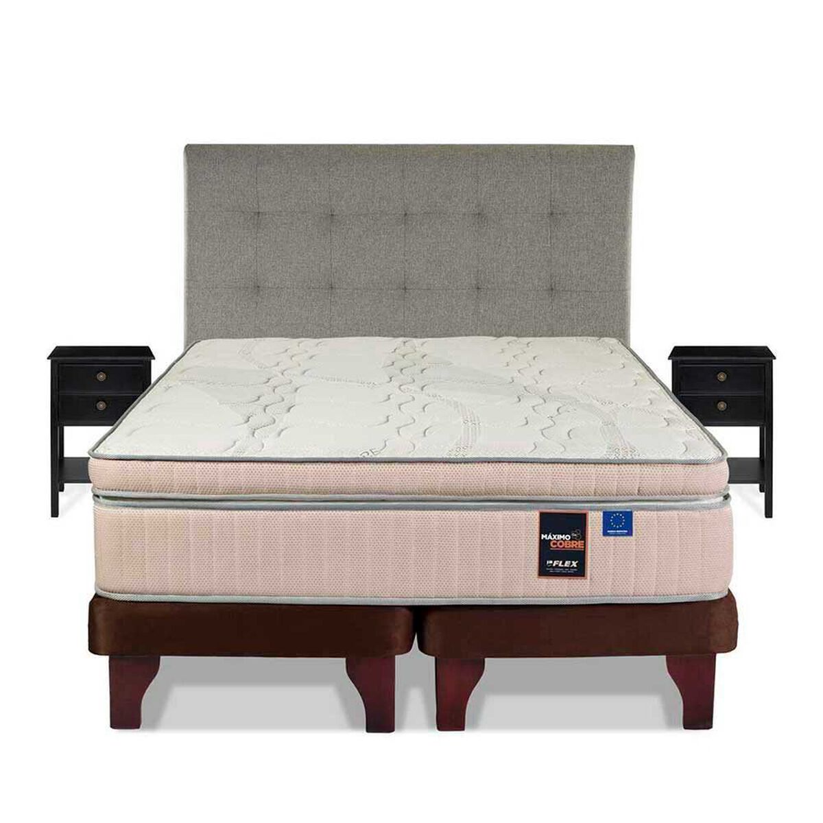 Cama Europea Flex Base Dividida King M&aacute;ximo Cobre + Respaldo Design Gris + 2 Veladores Rover