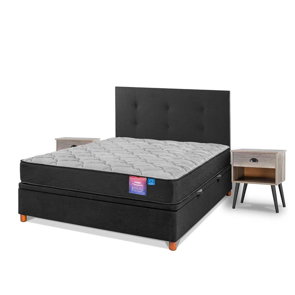 Cama Baúl Flex 2 Plazas Therapedic Plus  + Respaldo Royal + 2 Veladores Rock