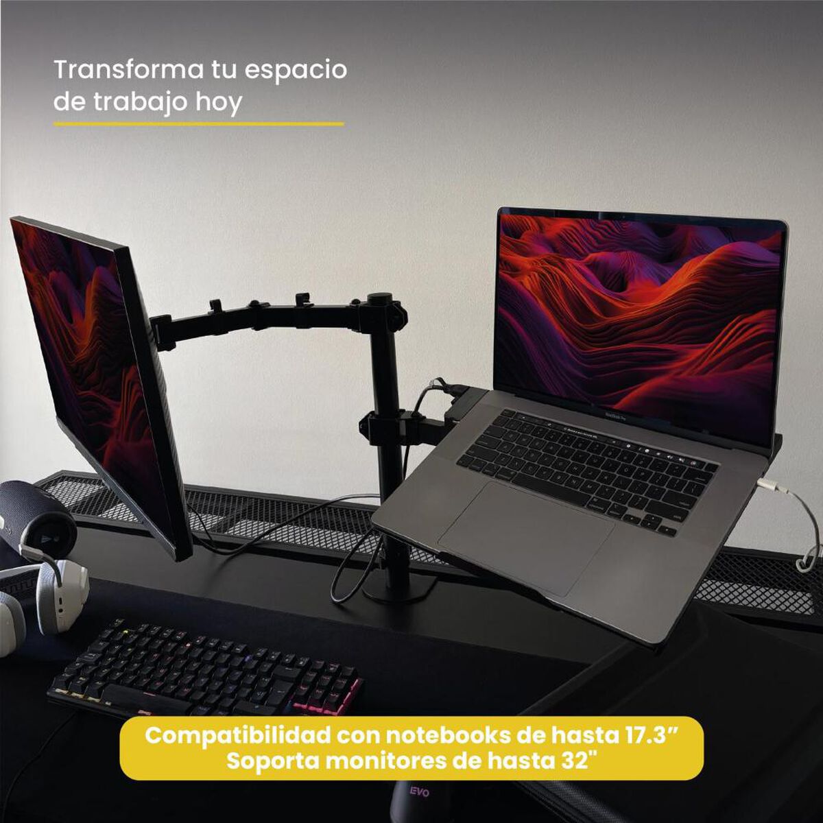 Soporte de Escritorio Levo Brazo Doble Monitor Negro