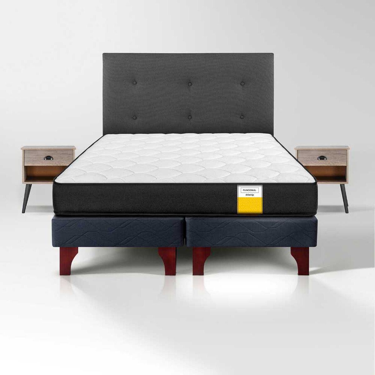 Cama Europea Drimkip 2 Plazas Funcional Base Dividida + Respaldo Royal + Velador Rock