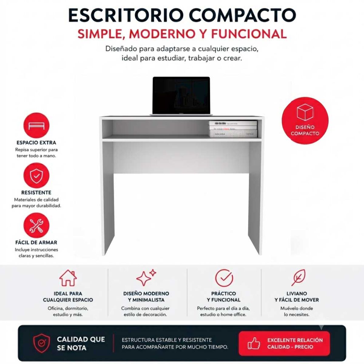 Combo Oficina Escritorio Blanco + Silla New York Negra y Roja Arthome